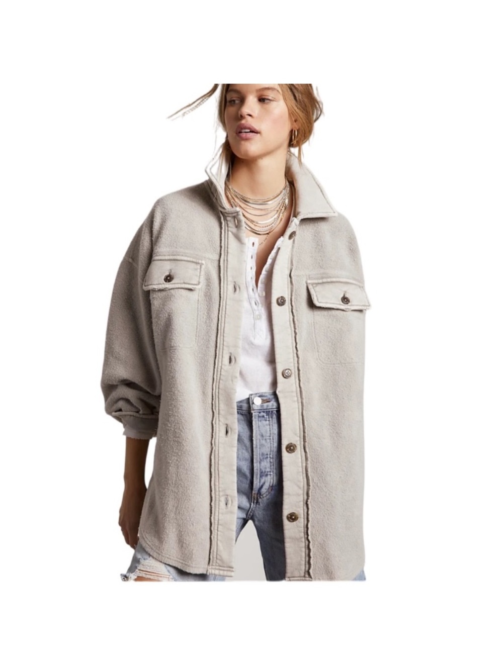 EUC Free People Ruby Jacket Oatmeal/Cream Oversized Shacket Elbow Patch S